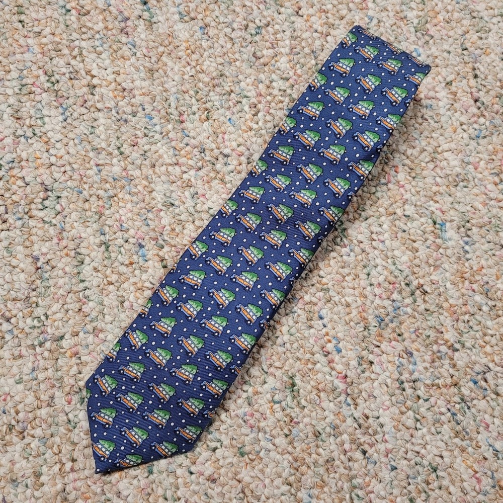 Vineyard Vines Tie Boys OS Blue Christmas Tree Woody Wagon Silk Holiday Preppy
